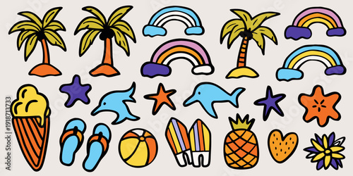 Colorful hand drawn summer themed illustrations including rainbows palms and sea life