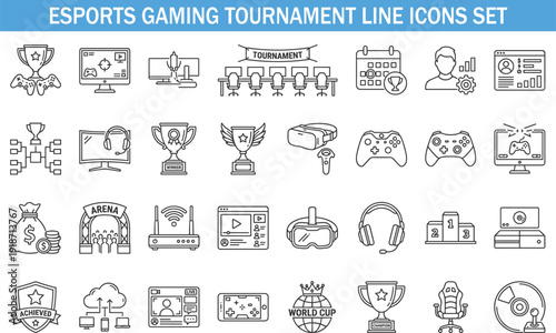 Esports gaming tournament line icons set, video game competition equipment streaming technology vector illustration collection isolated on background