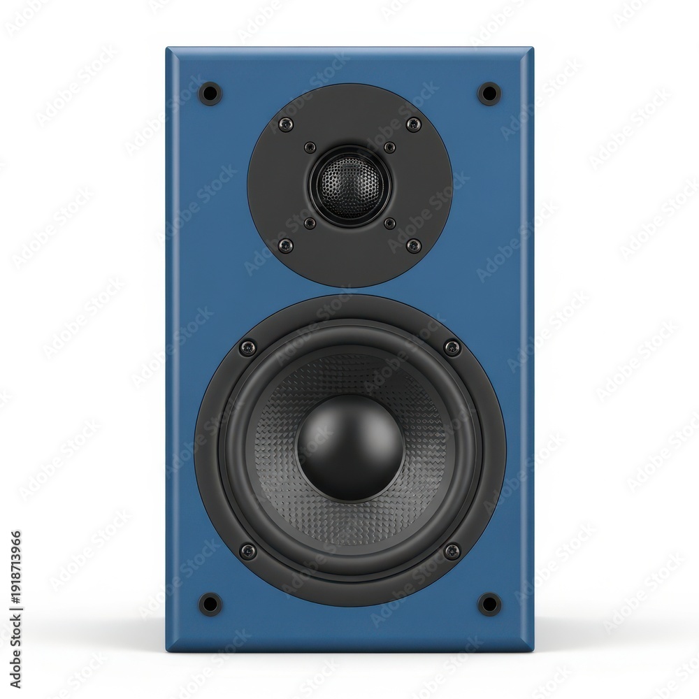 Fototapeta premium A close-up view of a blue speaker with a black woofer and a silver logo on the front.