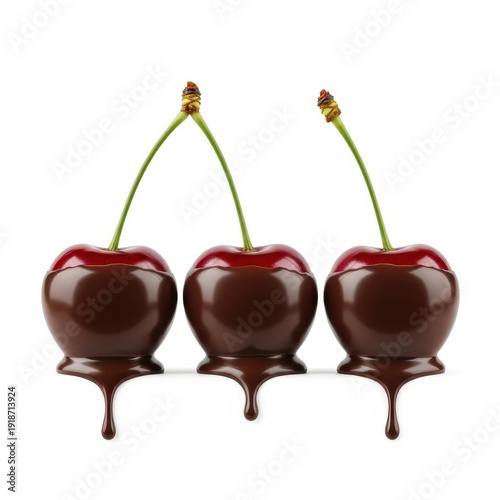 Three dark chocolate covered cherries with dripping chocolate on a white background.