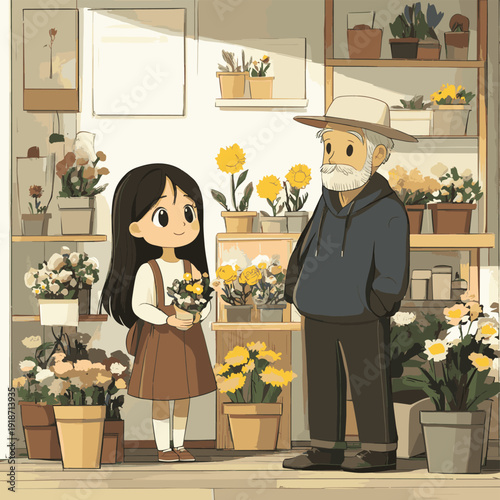 A heartwarming cute minimal-style cartoon illustration of a girl visiting a flower shop with an old man, the shop owner. , vector style simple color