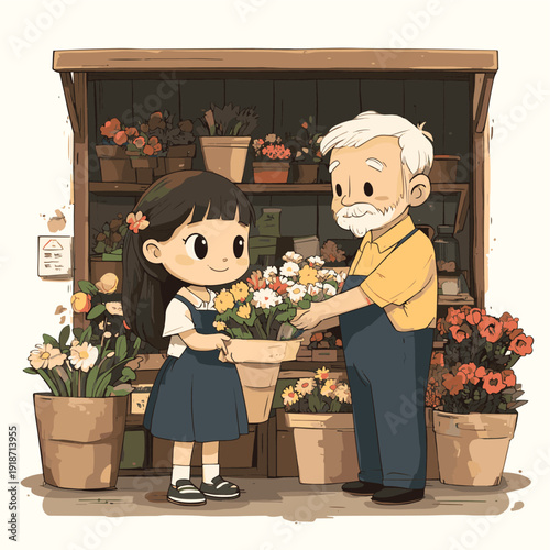 A heartwarming cute minimal-style cartoon illustration of a girl visiting a flower shop with an old man, the shop owner. , vector style simple color