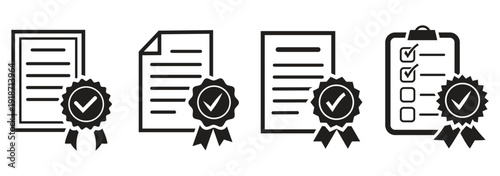 Certified Document Icons. Certificate File with Badge. Approved Certificate File Icons, Document with Ribbon Badge. verification verified document seal certificate authentication badge. Quality Stamp 