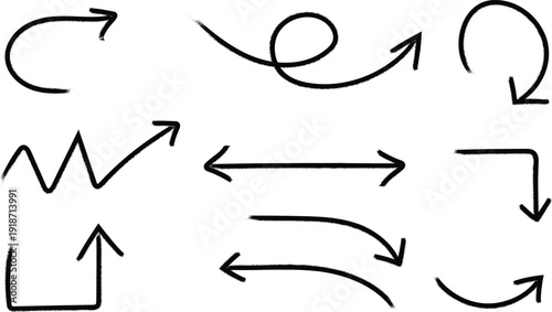 A collection of hand drawn arrows and curved lines in black on a white background