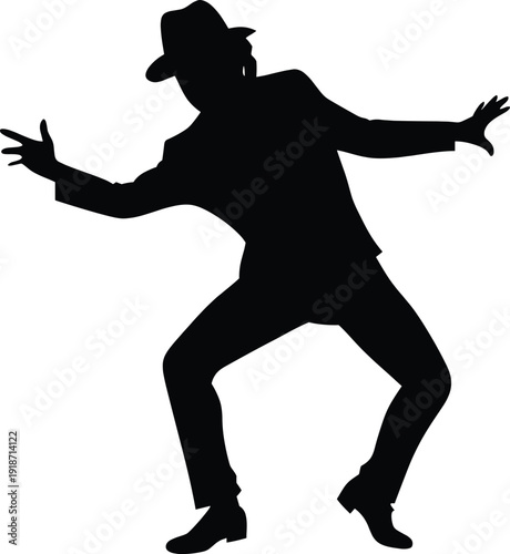 Silhouette of a Stylish Man in a Suit and Hat Dancing