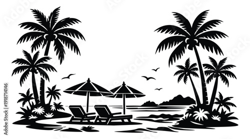 Silhouette illustration of a tropical beach scene depicting a relaxing vacation for summer travel and leisure concepts