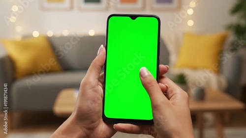 Hands holding and swiping on a smartphone with a green screen display against a blurred home background
