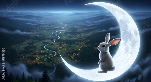 A fluffy white rabbit sits serenely on a crescent moon overlooking a vast, starlit valley with a