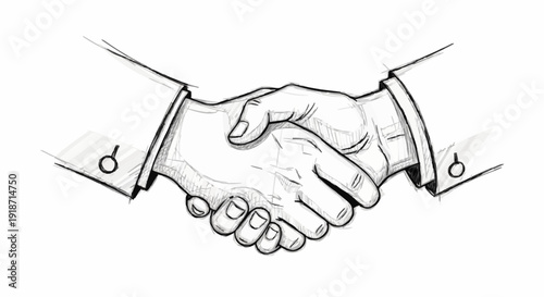Conceptual line art drawing of a firm handshake, representing a commitment to teamwork, a concluded deal, or a respectful greeting in professional settings