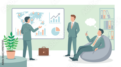 Business meeting with data presentation and brainstorming in modern office