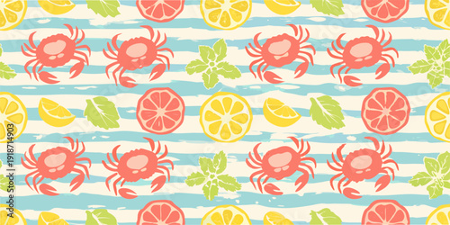 Colorful seamless pattern with crabs citrus fruits and mint leaves