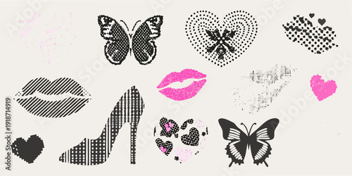 A collection of black white and pink graphic elements butterflies lips and hearts