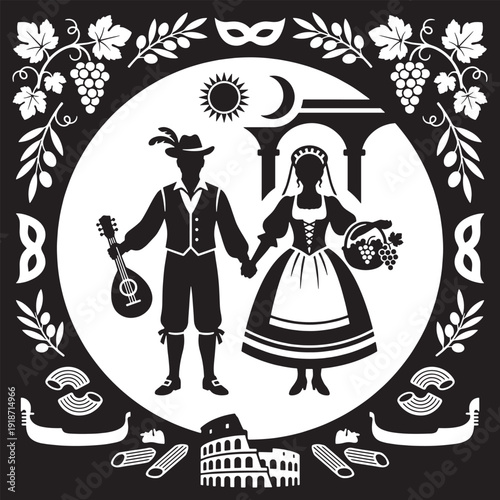 Traditional Italian couple in folk costumes holding hands, with iconic Italian symbols like the Colosseum and gondolas.