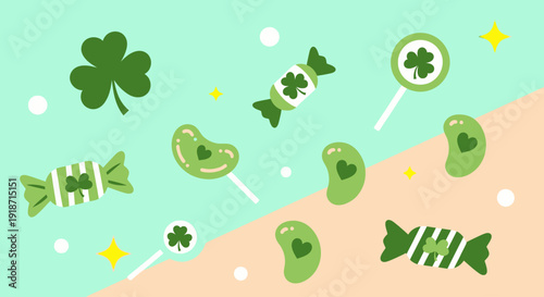Sweet and Lucky St. Patrick's Day Celebration with Green Candy Treats and Whimsical Shamrocks on a Charming Pastel Background, Perfect for Festive Holiday Designs