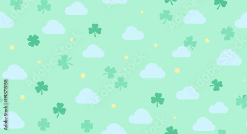 Whimsical St. Patrick's Day seamless pattern featuring charming shamrocks, fluffy clouds, and subtle starry accents on a soft green background, perfect for festive designs and joyful celebrations