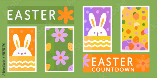Colorful easter themed cards with bunnies flowers and polka dots