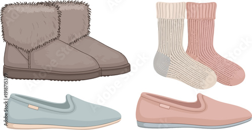 A pair of furry winter boots sits near knitted socks and two pairs of casual indoor slippers.