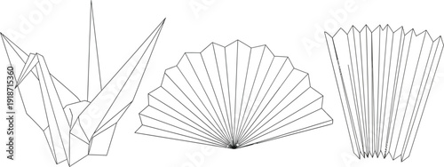 A collection of folded paper crafts including an origami crane and two styles of paper fans are shown as outline drawings.
