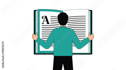 Person from behind holding an open book with text and a large letter A