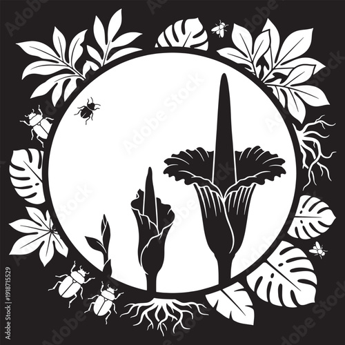 Life cycle of a Corpse Flower, from sprout to bloom, with insects and roots, in a circular frame.