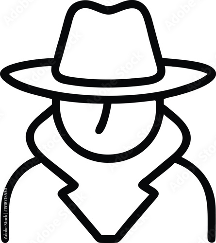 Detective silhouette in a trench coat and hat icon for mystery and crime