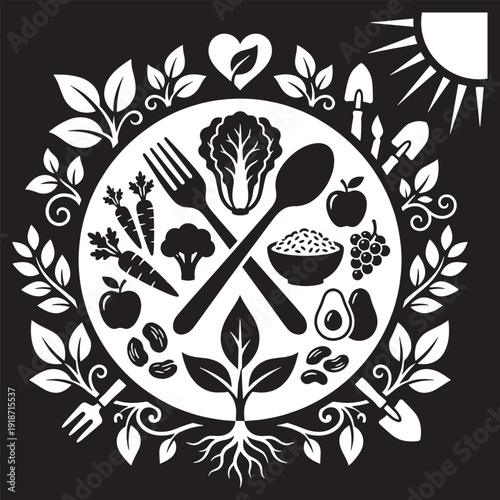 Healthy Eating and Sustainable Lifestyle Concept with Fresh Organic Food and Garden Elements.