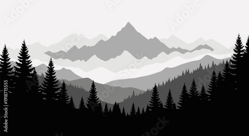 Elegant Black and White Vector Illustration of Majestic Mountain Range with Dense Evergreen Trees in Foreground