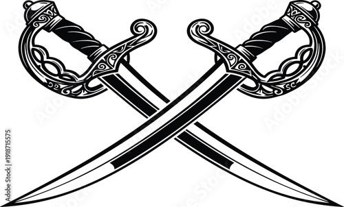 Black and white crossed scimitar swords vector illustration with ornate handles for pirate heraldry military emblem antique weapon and historical warrior concept.