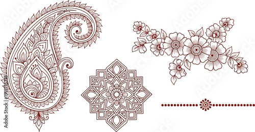 A collection of henna inspired tattoo elements includes a large paisley, floral clusters, and geometric mandala shapes.