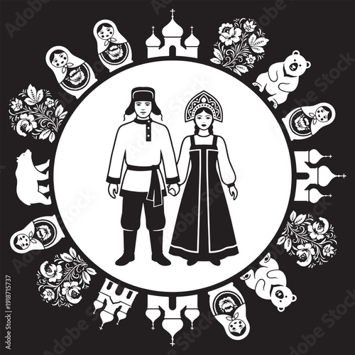 Traditional Russian couple in folk costumes surrounded by cultural symbols like Matryoshka dolls and bears.