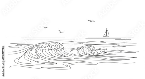 Abstract line art depicting a vibrant ocean scene with powerful rolling waves, soaring seagulls, and a distant sailboat, evoking maritime tranquility and natural wonder
