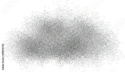 A dense, chaotic cluster of overlapping fine gray lines forms an abstract, cloud-like shape on a white background.