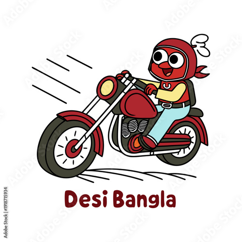 Cartoon Devil Biker on Motorcycle with Horns and Smoke Vector Illustration.