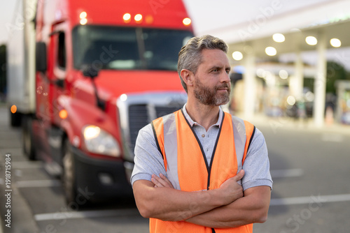 Obraz na plátně Truck driver standing near large semi-truck trailer