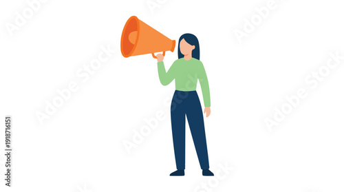 Minimalist illustration of a woman holding a megaphone and making an announcement