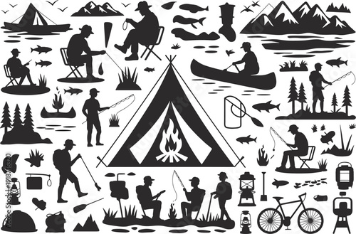 Camping outdoor adventure silhouette collection with fishing hiking canoe tent campfire mountain lake nature activities black vector illustration set icons