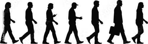 Career growth silhouette illustration, progression of people walking from casual to professional stages, business evolution artwork, flat vector illustration
