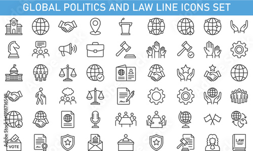 Global politics and law line icons set, government justice diplomacy democracy outline vector collection for civic leadership