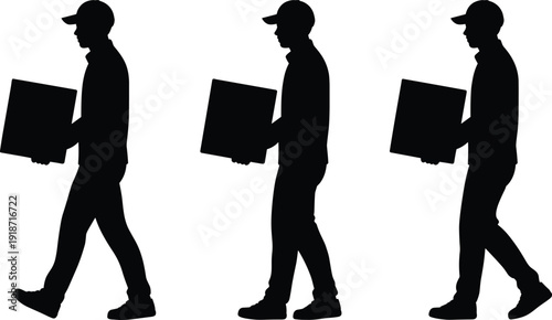Delivery worker silhouette set, courier carrying package box isolated on light background logistics service illustration collection