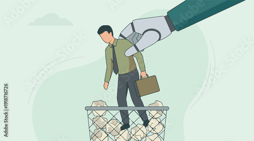 Robotic arm discards businessman, symbolizing job loss due to automation.