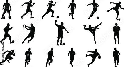 Sports athlete silhouette illustration set, dynamic soccer, tennis, and running poses, fitness and physical education artwork, flat vector illustration