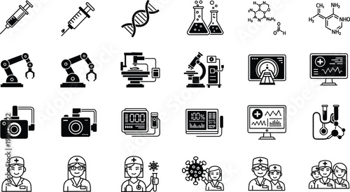 Medical technology icons set with robotic surgery laboratory research dna helix microscope chemical formula nurse team digital health and automated surgical equipment vector
