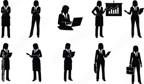 Businesswomen silhouette illustration set, professional female poses with laptop, charts, documents, briefcase, corporate workplace theme, flat vector illustration