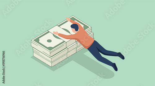Isometric illustration of a person embracing a large stack of money