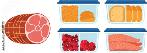 Fresh food in plastic storage containers including salmon fillets, bread slices, berries, and grains with a large honey glazed ham flat vector illustration.