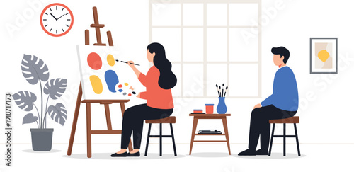 Female artist painting on canvas in art studio with male student or model featuring easel monstera plant clock and creative workspace atmosphere.