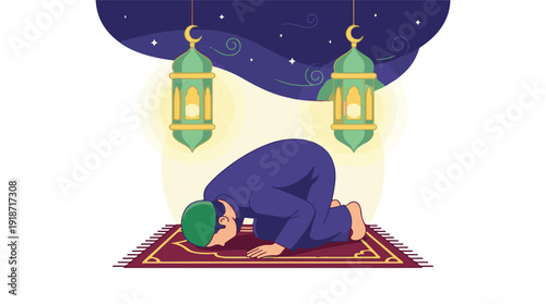 Muslim Man Prostrating in Prayer on a Mat with Ramadan Lanterns at Night