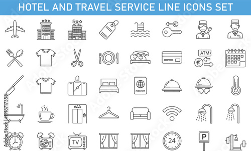 Hotel and travel service line icons set, hospitality tourism accommodation airport restaurant amenities vector illustration isolated on white background