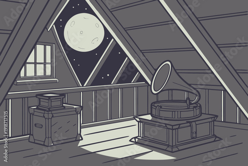 Vintage gramophone and moonlit window in a dusty attic, evoking forgotten memories and nighttime tranquility.