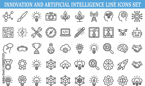 Innovation and artificial intelligence line icons set, technology research creativity startup vector collection isolated on white